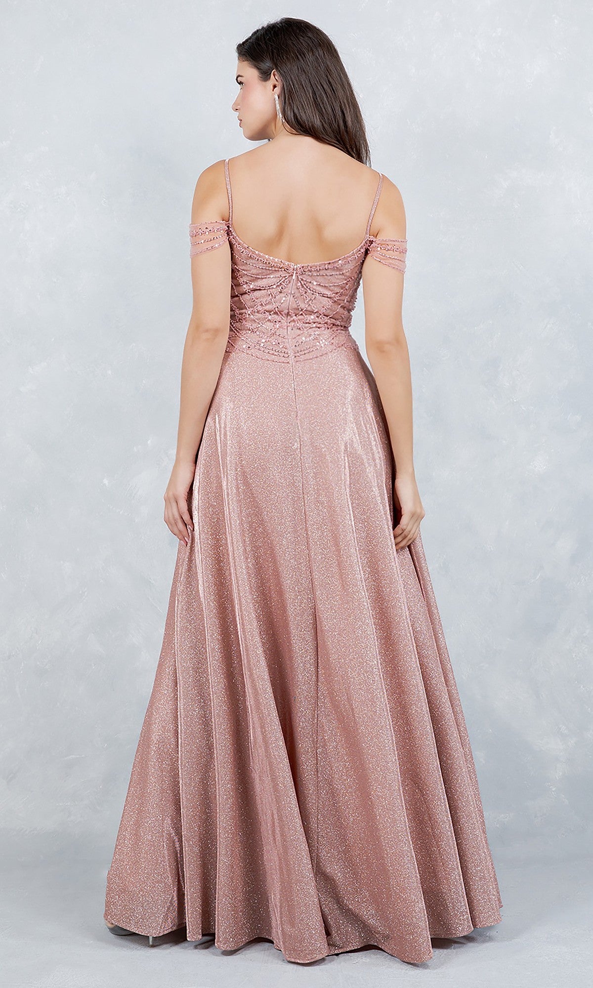 Woman stands with her back to the camera in a Cinderella Couture 8581J long prom dress—a shimmery blush pink gown with spaghetti straps, beaded bodice, and flared skirt—set against a light textured background.